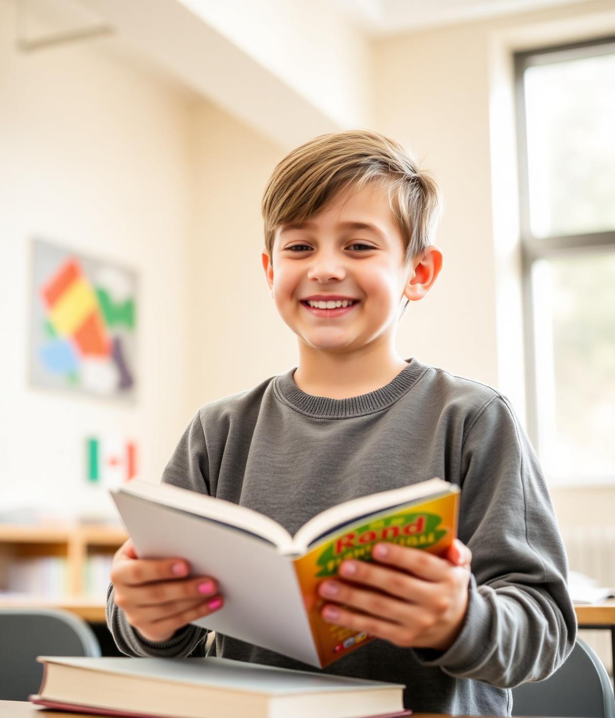 A young student reading in a bright classroom